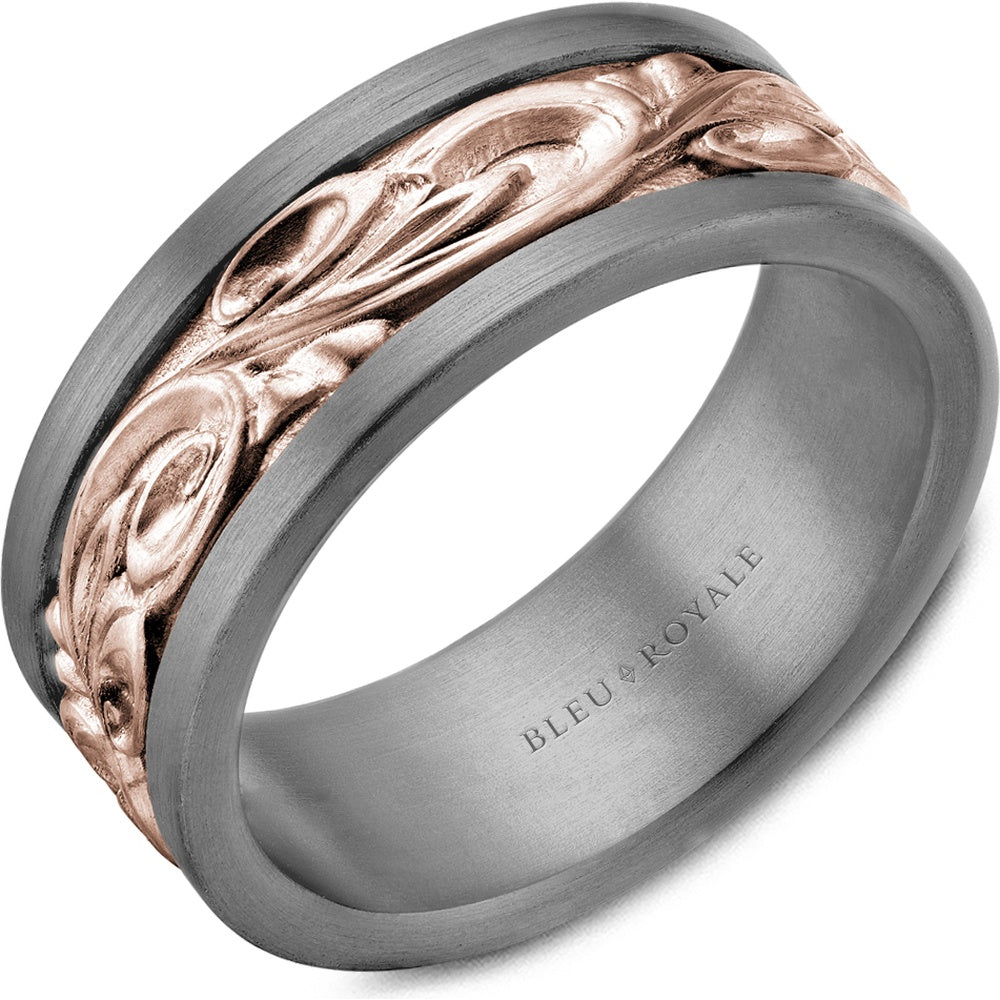 Bleu Royale Men's Wedding Band - Tantalum and 14K Rose Gold with Sandpaper Finish and Organic Gold Inlay - 8mm Width from the Tantalum & Precious Metal Collection