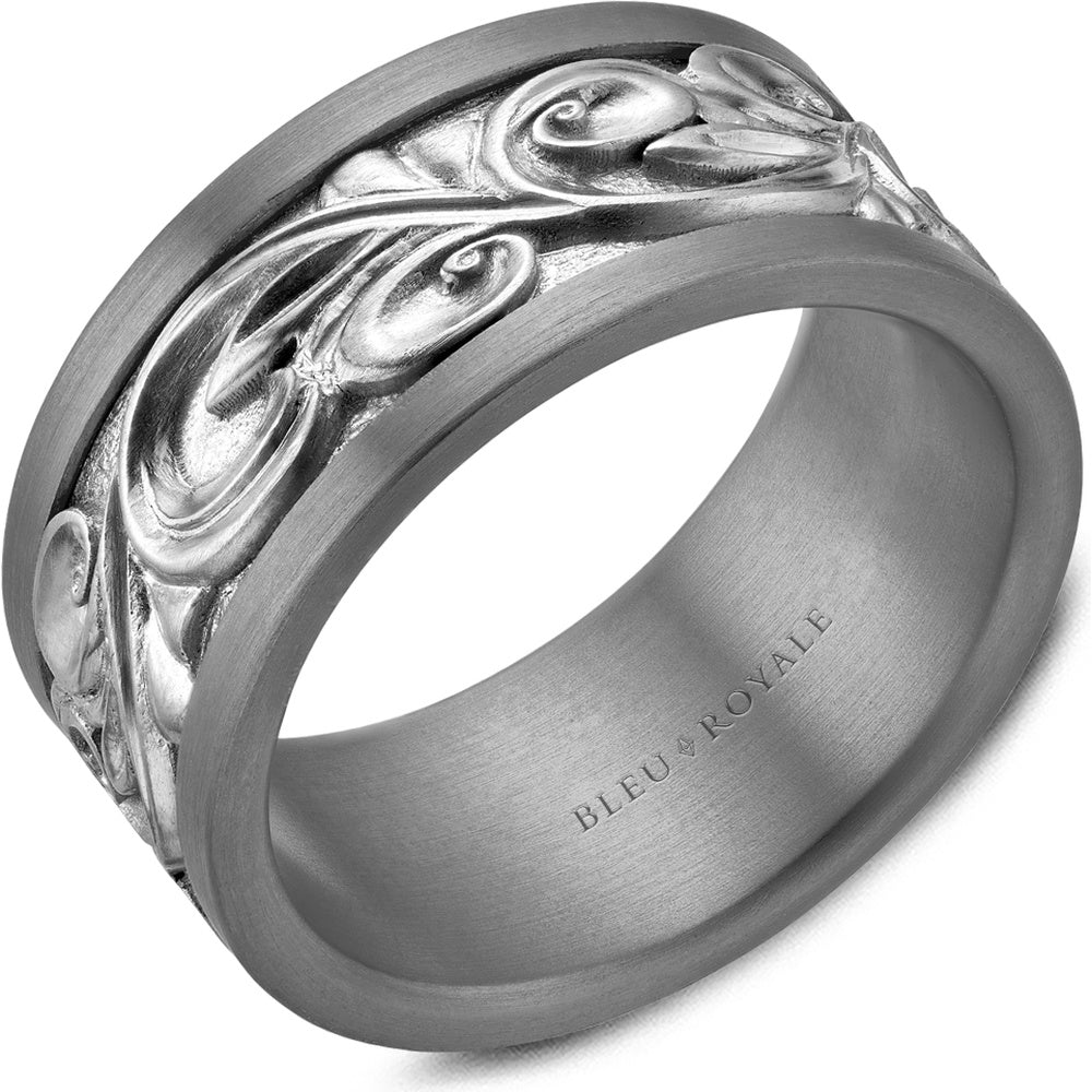 Bleu Royale Men's Wedding Band - Tantalum and 14K Yellow Gold with Botanical Motif and Sandpaper Finish - 10mm Width from the Tantalum & Precious Metal Collection