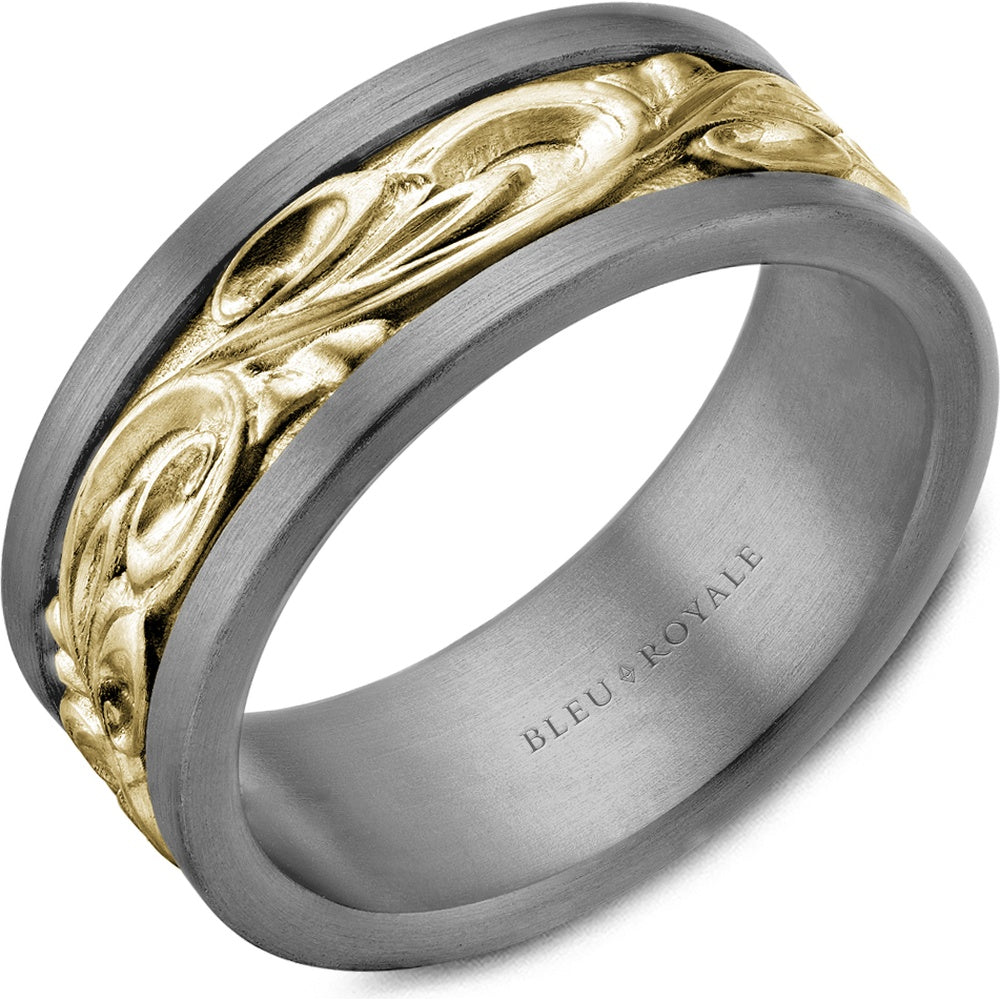 Bleu Royale Men's Wedding Band - Tantalum and 14K Yellow Gold with Organic Motif and Sandpaper Finish - 8mm Width from the Tantalum & Precious Metal Collection