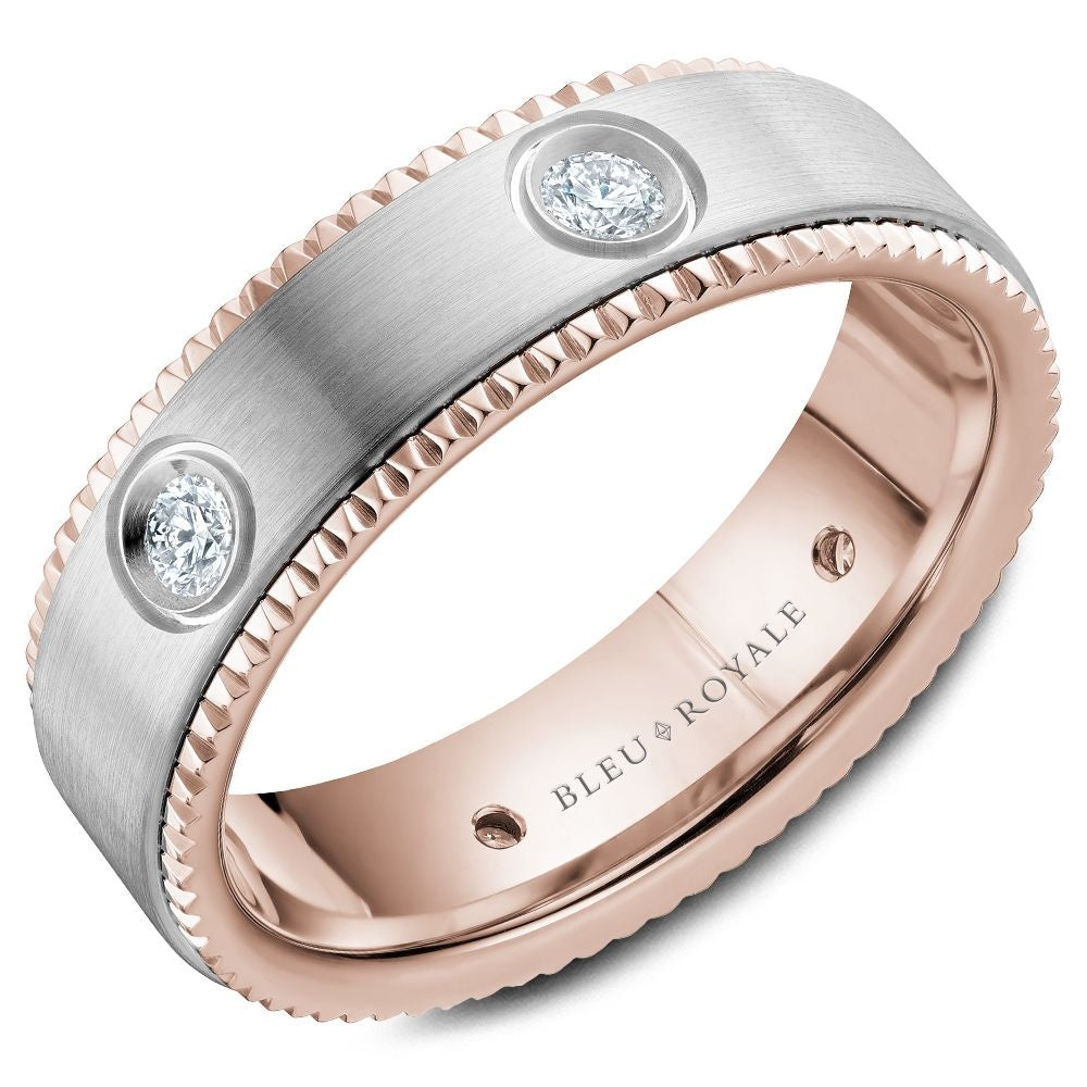 Bleu Royale Men's Wedding Band - 14K White Gold and Rose Gold with Bezel-Set Round Diamonds and Milgrain Edge- 0.48 Carat Total Diamond Weight - 6.5mm Width from the Diamond Collection