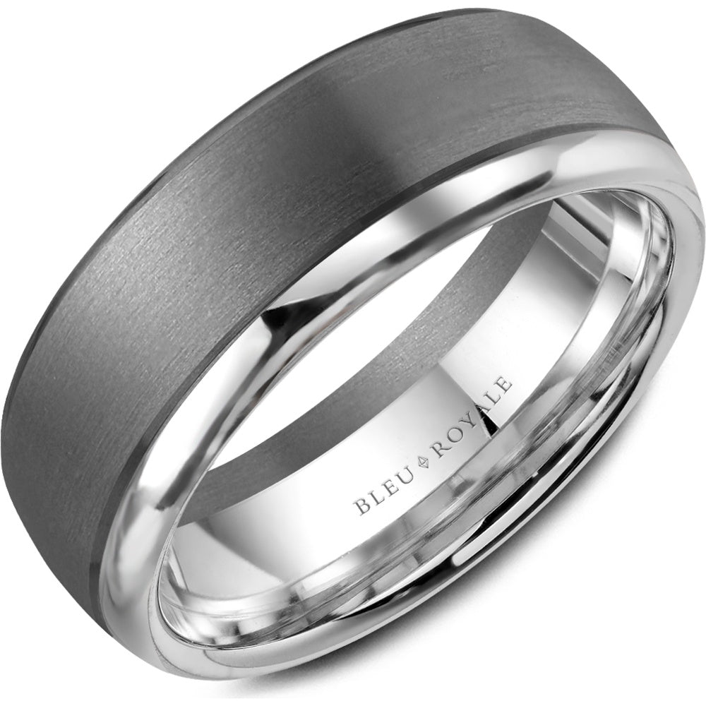 Bleu Royale Men's Wedding Band - Two-Tone in 14K White Gold and Tantalum with Sandpaper Center and High Polish Edges - 7.5mm Width from the Tantalum & Precious Metal Collection