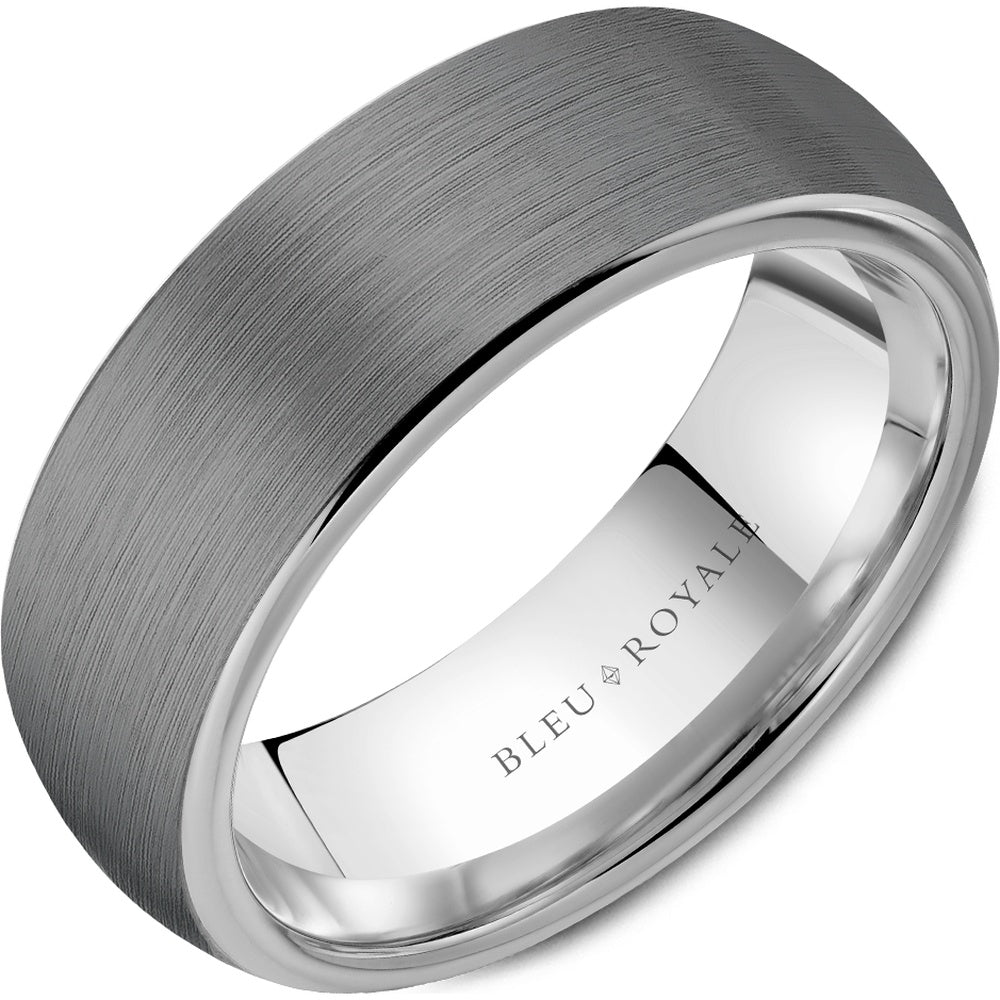 Bleu Royale Men's Wedding Band - Two-Tone in 14K White Gold and Tantalum with Sandpaper Center and High Polish Edges - 8mm Width from the Tantalum & Precious Metal Collection
