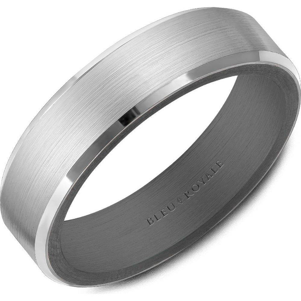 Bleu Royale Men's Wedding Band - Two-Tone in 14K White Gold and Tantalum with Sandpaper Center and High Polish Edges- Available in Sizes 3-16 - 6mm Width from the Tantalum & Precious Metal Collection