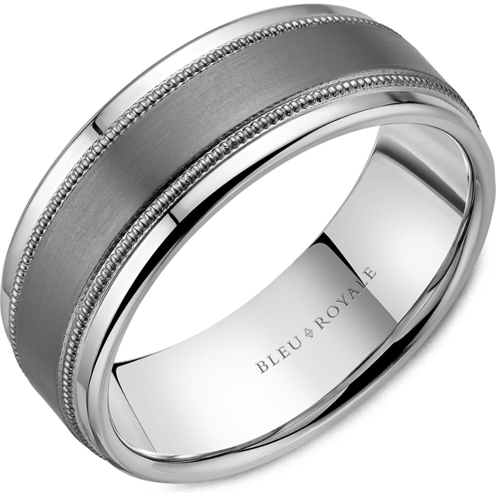 Bleu Royale Men's Wedding Band - Two-Tone in 14K White Gold and Tantalum with Sandpaper Center and Milgrain Edges - 8mm Width from the Tantalum & Precious Metal Collection