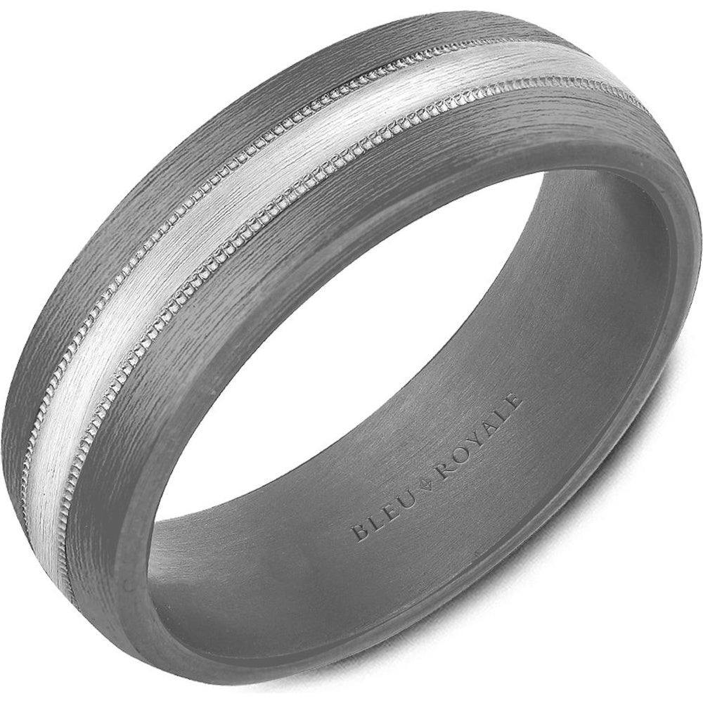 Bleu Royale Men's Wedding Band - Two-Tone in 14K White Gold and Tantalum with Sandpaper Finish and Milgrain Detail - 7mm Width from the Tantalum & Precious Metal Collection