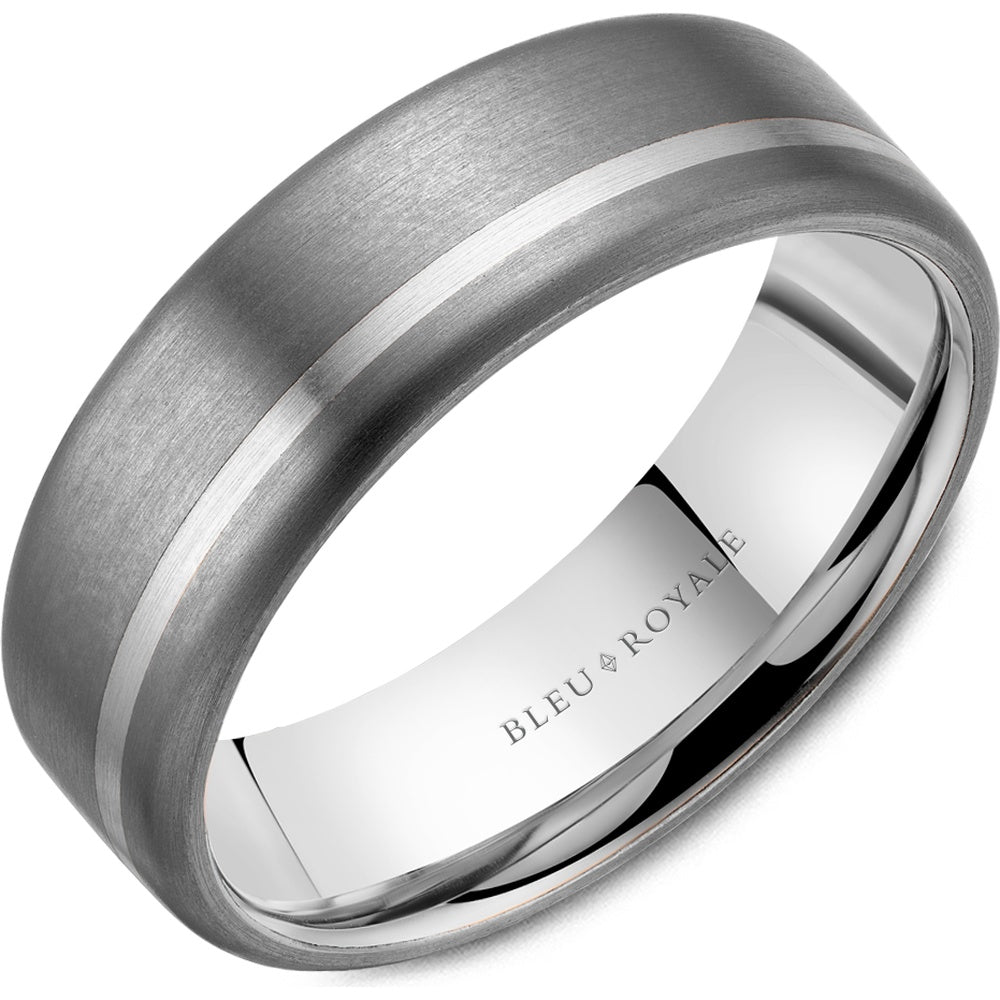 Bleu Royale Men's Wedding Band - Two-Tone in 14K White Gold and Tantalum with Sandpaper Finish and Polished Edge - 7mm Width from the Tantalum & Precious Metal Collection