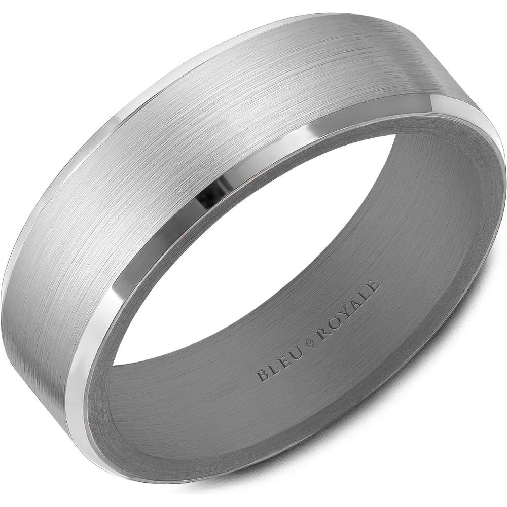 Bleu Royale Men's Wedding Band - Two-Tone in 14K White Gold and Tantalum with Sandpaper Top and High Polish Edges - 7mm Width from the Tantalum & Precious Metal Collection