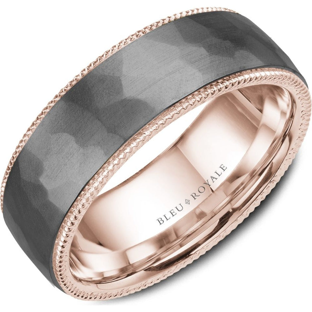 Bleu Royale Men's Wedding Band - Two-Tone in 14K Rose Gold and Hammered Tantalum with Milgrain Edges - 7.5mm Width from the Tantalum & Precious Metal Collection