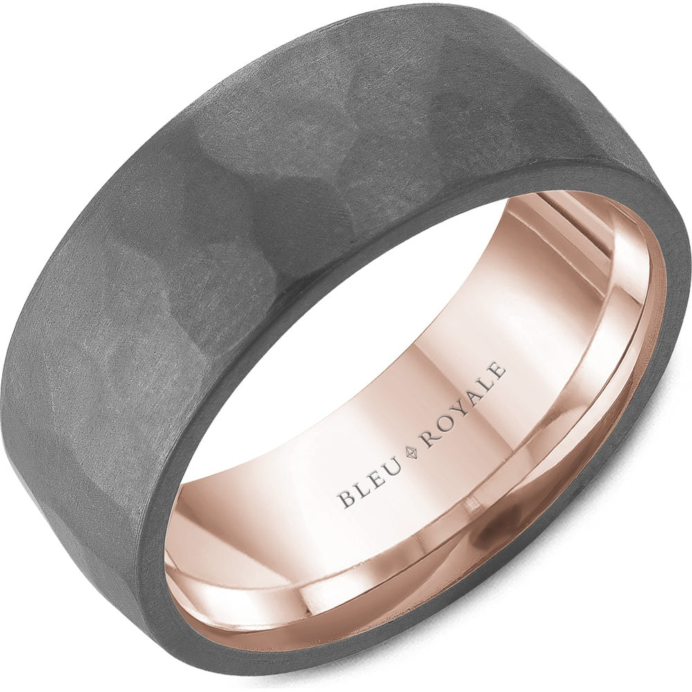 Bleu Royale Men's Wedding Band - Two-Tone in 14K Rose Gold and Tantalum with Frosted Hammered Finish - 8mm Width from the Tantalum & Precious Metal Collection