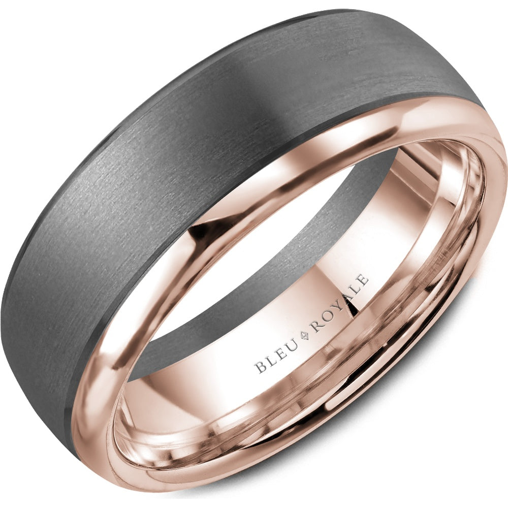 Bleu Royale Men's Wedding Band - Two-Tone in 14K Rose Gold and Tantalum with Sandpaper Center and High Polish Edges - 7.5mm Width from the Tantalum & Precious Metal Collection