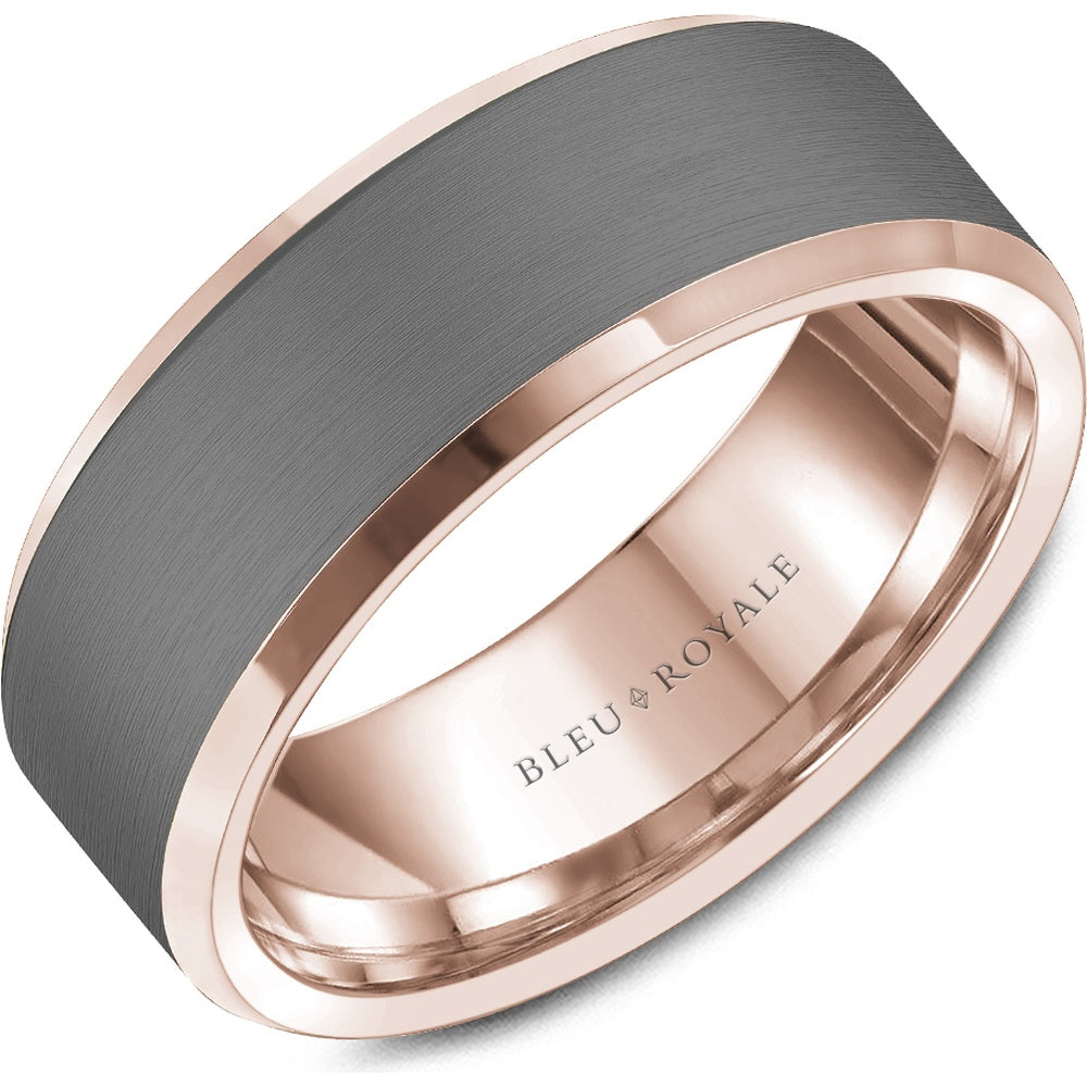 Bleu Royale Men's Wedding Band - Two-Tone in 14K Rose Gold and Tantalum with Sandpaper Center and High Polish Edges - 8mm Width from the Tantalum & Precious Metal Collection