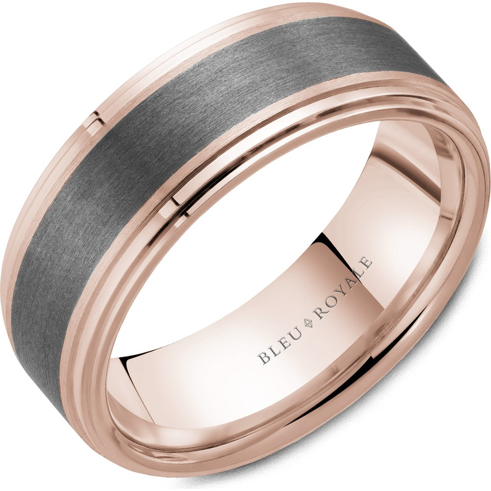 Bleu Royale Men's Wedding Band - Two-Tone in 14K Rose Gold and Tantalum with Sandpaper Center and High Polish Sides - 8mm Width from the Tantalum & Precious Metal Collection