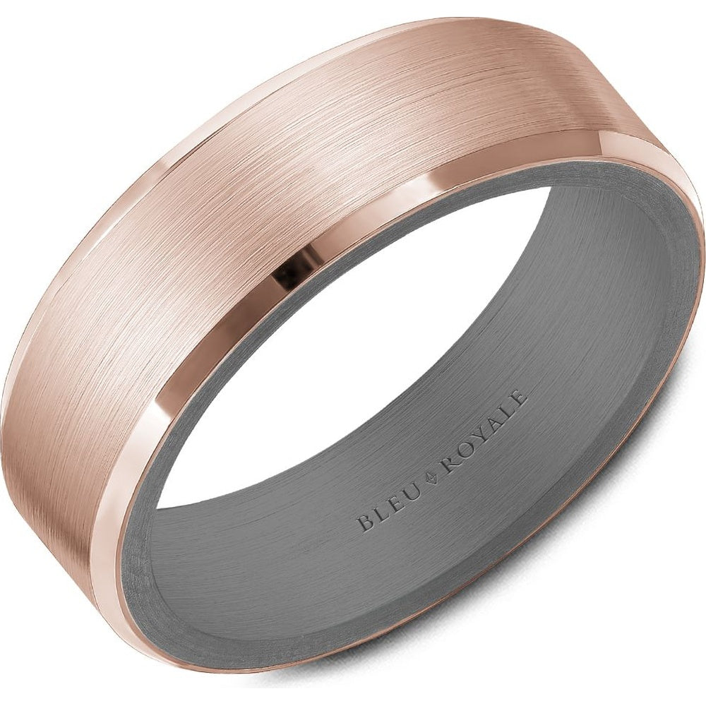 Bleu Royale Men's Wedding Band - Two-Tone in 14K Rose Gold and Tantalum with Sandpaper Finish and High Polish Edges - 7mm Width from the Tantalum & Precious Metal Collection