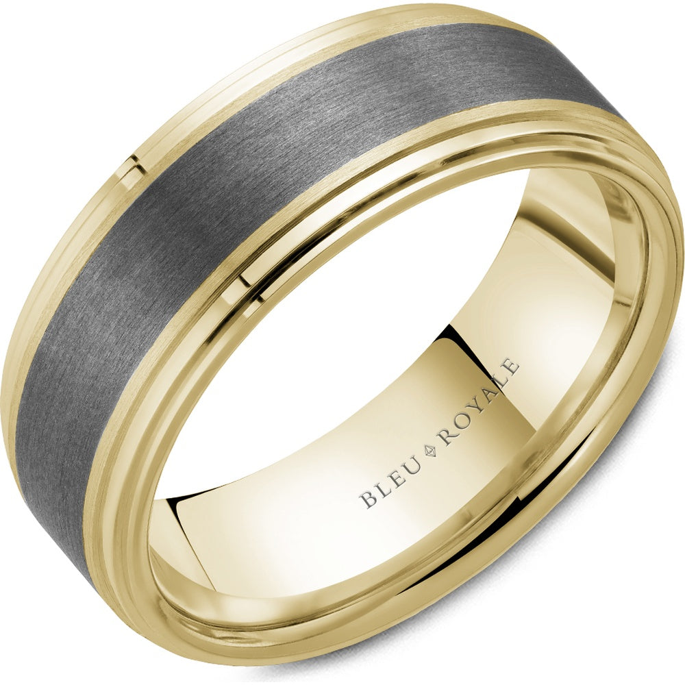Bleu Royale Men's Wedding Band - Two-Tone in 14K Yellow Gold and Tantalum with Sandpaper Center and High Polish Sides - 8mm Width from the Tantalum & Precious Metal Collection