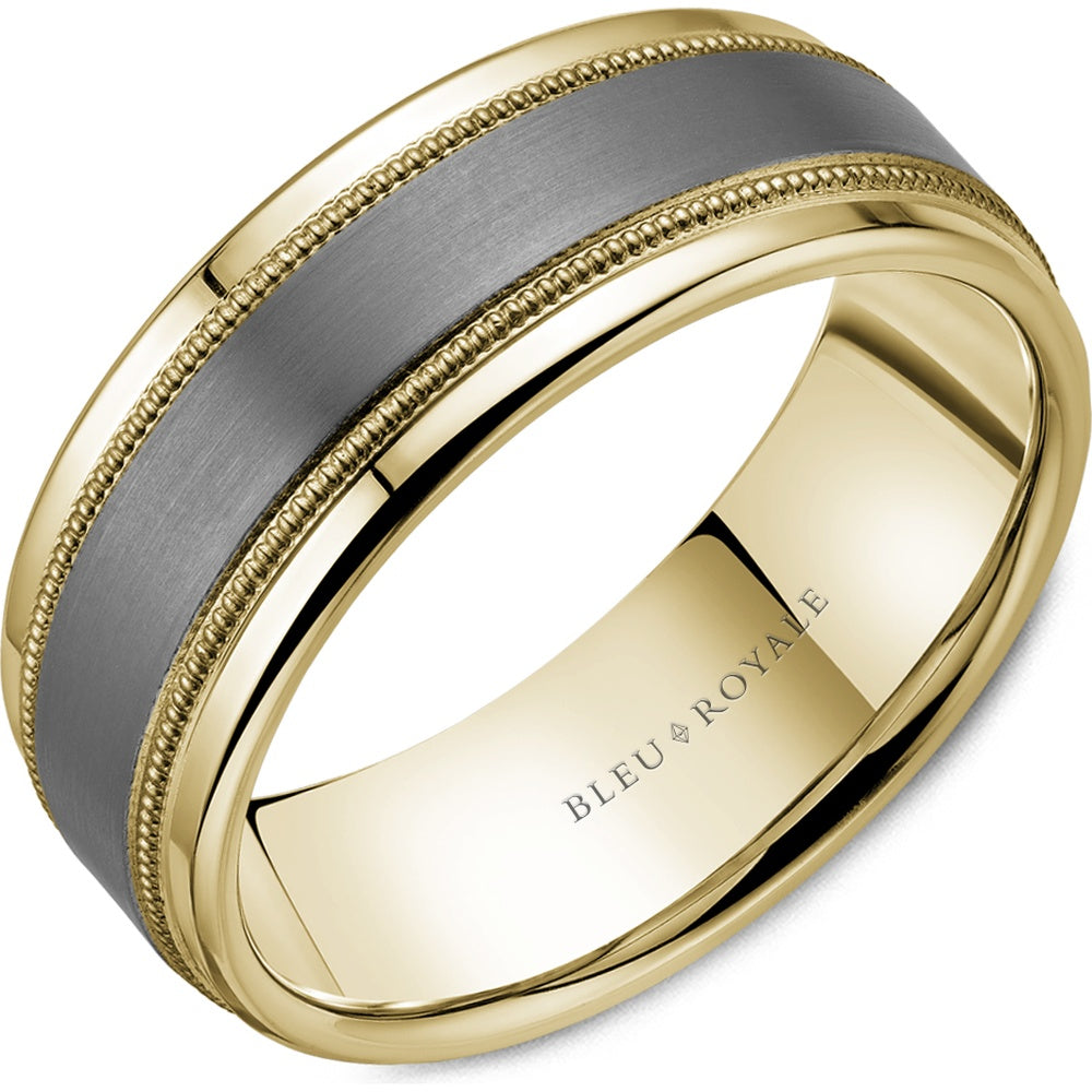 Bleu Royale Men's Wedding Band - Two-Tone in 14K Yellow Gold and Tantalum with Sandpaper Center and Milgrain Edges - 8mm Width from the Tantalum & Precious Metal Collection