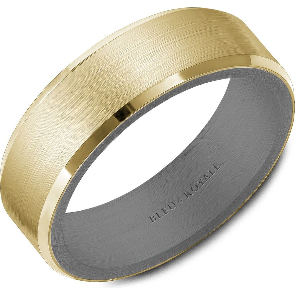Bleu Royale Men's Wedding Band - Two-Tone in 14K Yellow Gold and Tantalum with Sandpaper Finish and High Polish Edges - 7mm Width from the Tantalum & Precious Metal Collection