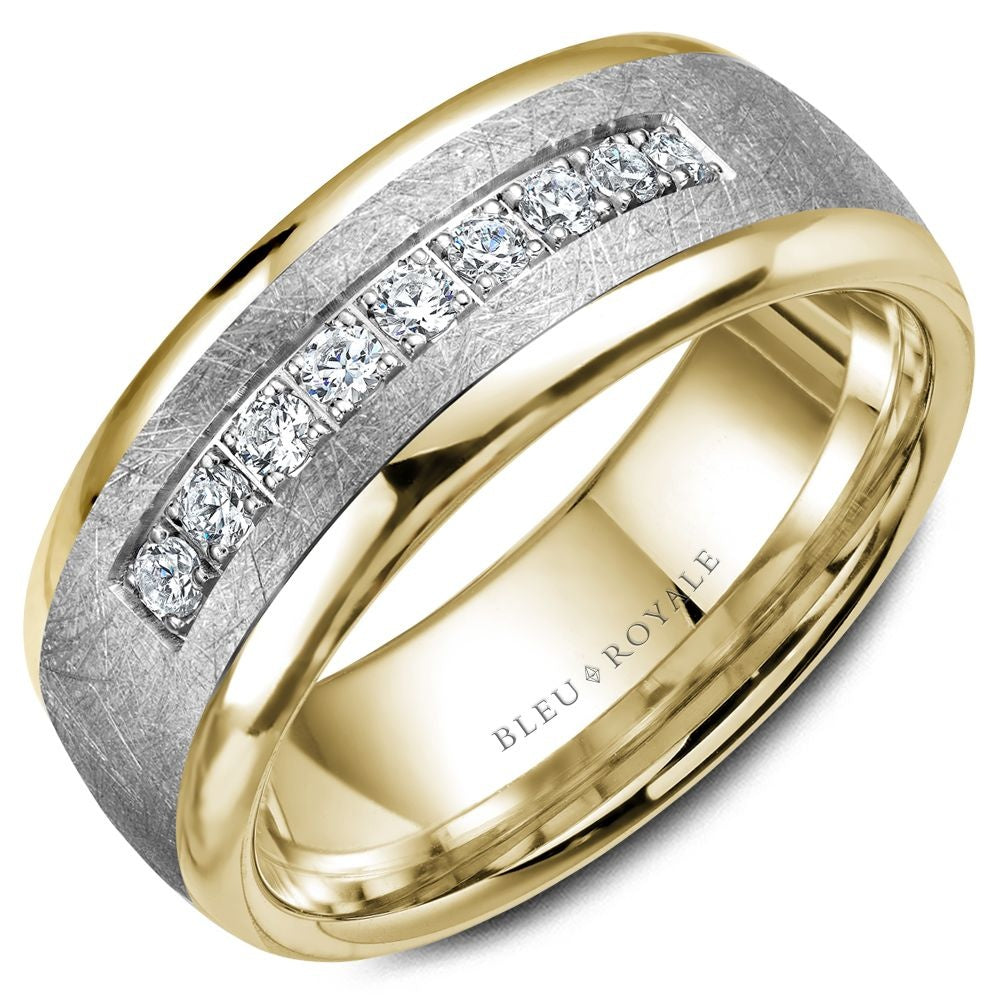 Bleu Royale Men's Wedding Band - Two-Tone with Brushed Center and Channel-Set Round Diamonds in 14K White Gold and Yellow Gold- 0.45 Carat Total Diamond Weight - 7.5mm Width from the Diamond Collection