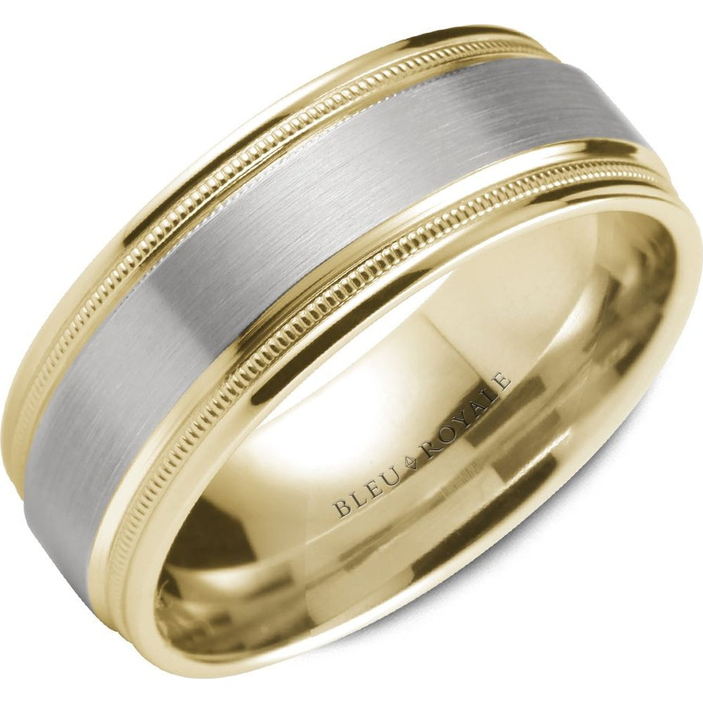 Bleu Royale Men's Wedding Band - Two-Tone with Brushed White Gold Center and High Polish Yellow Gold Sides - 6.5mm Width from the Legacy Collection
