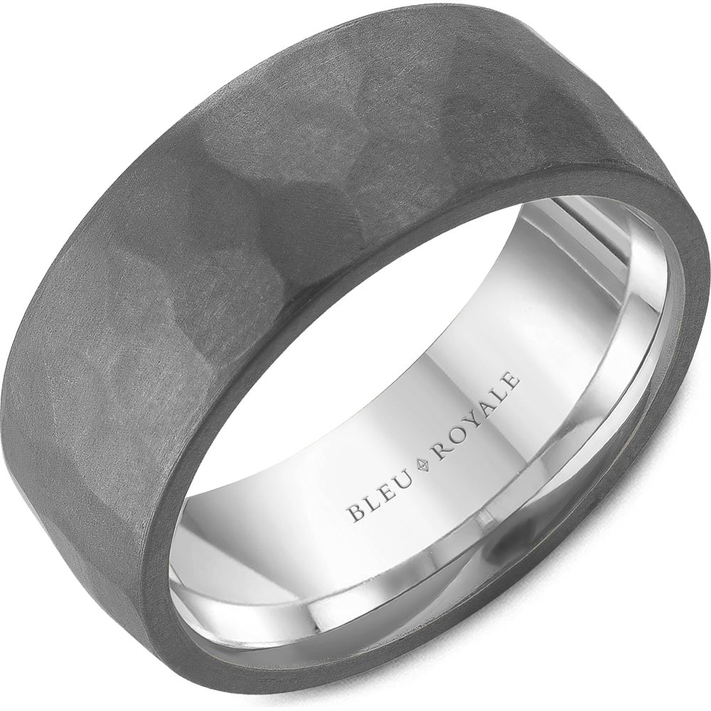 Bleu Royale Men's Wedding Band - Two-Tone with Frosted Hammered Tantalum and 14K White Gold Interior - 8mm Width from the Tantalum & Precious Metal Collection