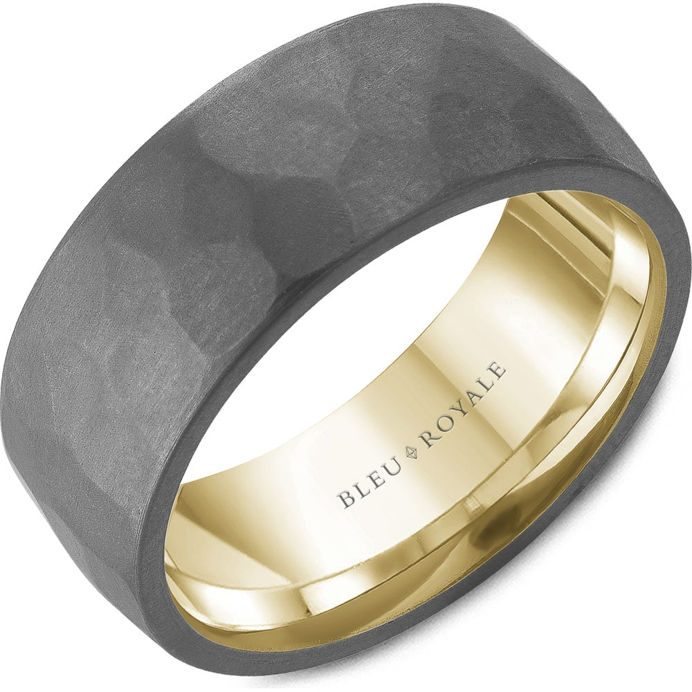 Bleu Royale Men's Wedding Band - Two-Tone with Frosted Hammered Tantalum and 14K Yellow Gold Interior - 8mm Width from the Tantalum & Precious Metal Collection