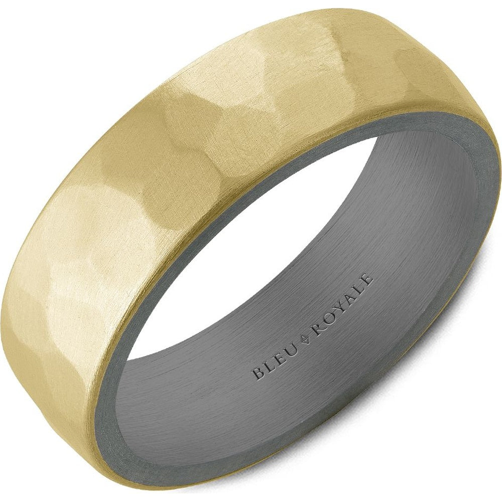 Bleu Royale Men's Wedding Band - Two-Tone with Hammered 14K Yellow Gold and Tantalum Interior - 7mm Width from the Tantalum & Precious Metal Collection