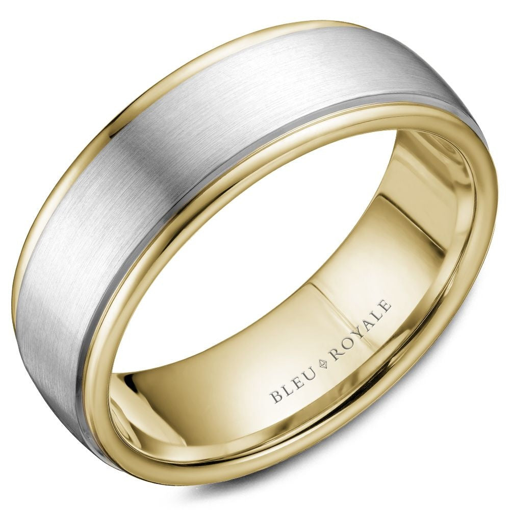 Bleu Royale Men's Wedding Band - Two-Tone with Sandpaper Center and High Polish Edges in 14K White Gold and Yellow Gold - 7.5mm Width from the Legacy Collection