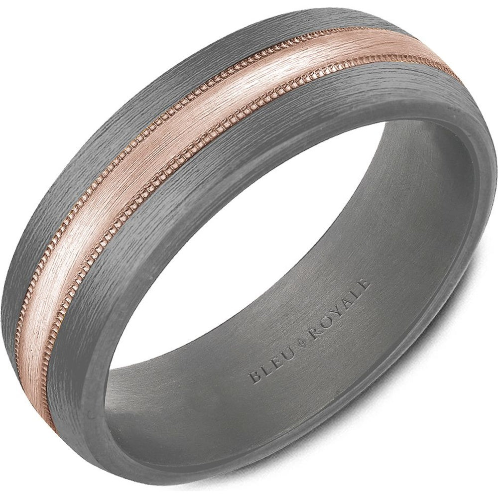 Bleu Royale Men's Wedding Band - Two-Tone with Tantalum and 14K Rose Gold Milgrain Inlay - 7mm Width from the Tantalum & Precious Metal Collection