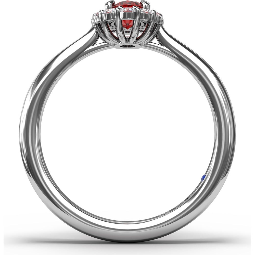 Blooming Halo Oval Ruby and Diamond Ring by Fana - 0.85 Carat Total Gemstone Weight