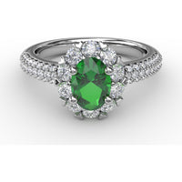 Blossoming Halo Ring with Heart Prongs and Oval Emerald by Fana - 1.59 Carat Total Gemstone Weight