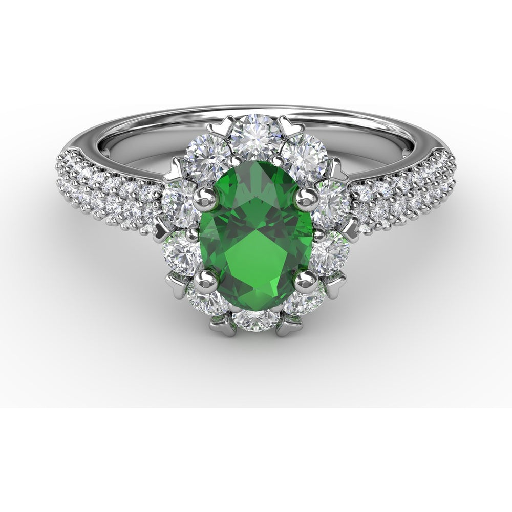 Blossoming Halo Ring with Heart Prongs and Oval Emerald by Fana - 1.59 Carat Total Gemstone Weight