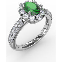Blossoming Halo Ring with Heart Prongs and Oval Emerald by Fana - 1.59 Carat Total Gemstone Weight