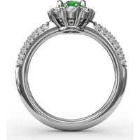 Blossoming Halo Ring with Heart Prongs and Oval Emerald by Fana - 1.59 Carat Total Gemstone Weight