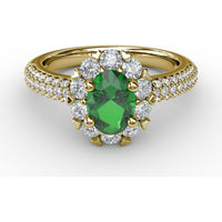 Blossoming Halo Ring with Heart Prongs and Oval Emerald by Fana - 1.59 Carat Total Gemstone Weight