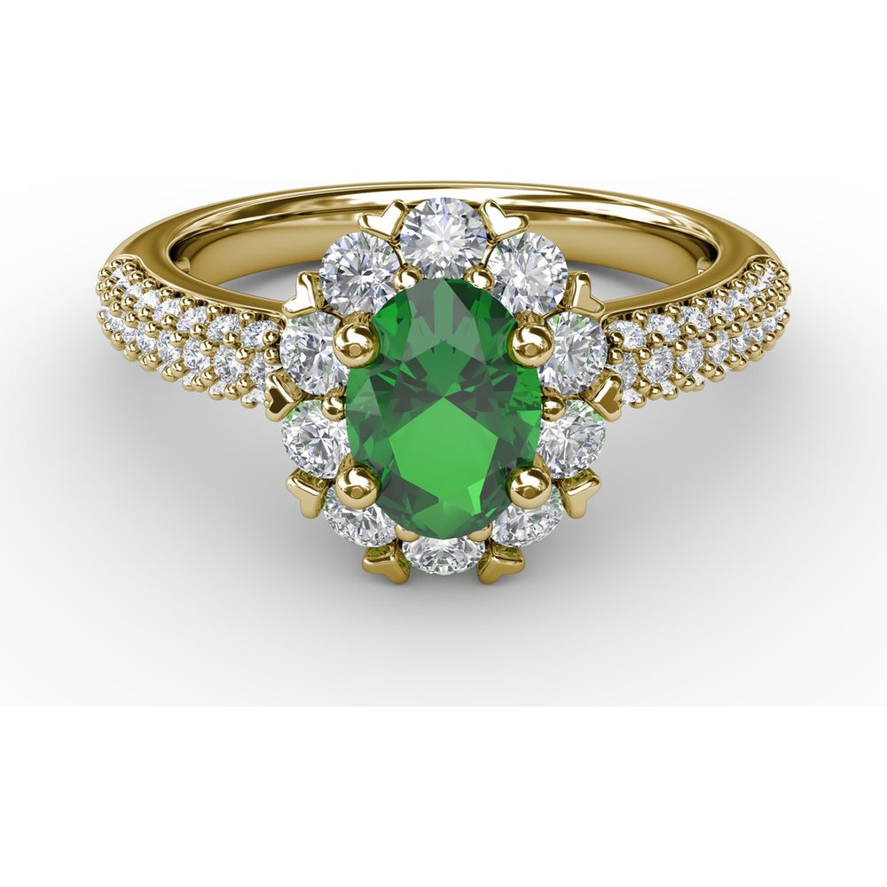 Blossoming Halo Ring with Heart Prongs and Oval Emerald by Fana - 1.59 Carat Total Gemstone Weight