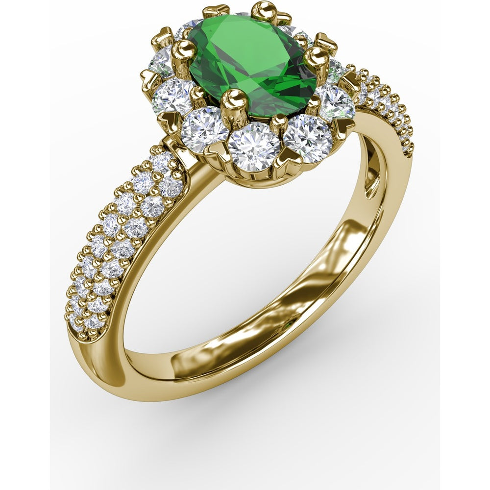 Blossoming Halo Ring with Heart Prongs and Oval Emerald by Fana - 1.59 Carat Total Gemstone Weight