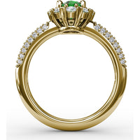 Blossoming Halo Ring with Heart Prongs and Oval Emerald by Fana - 1.59 Carat Total Gemstone Weight