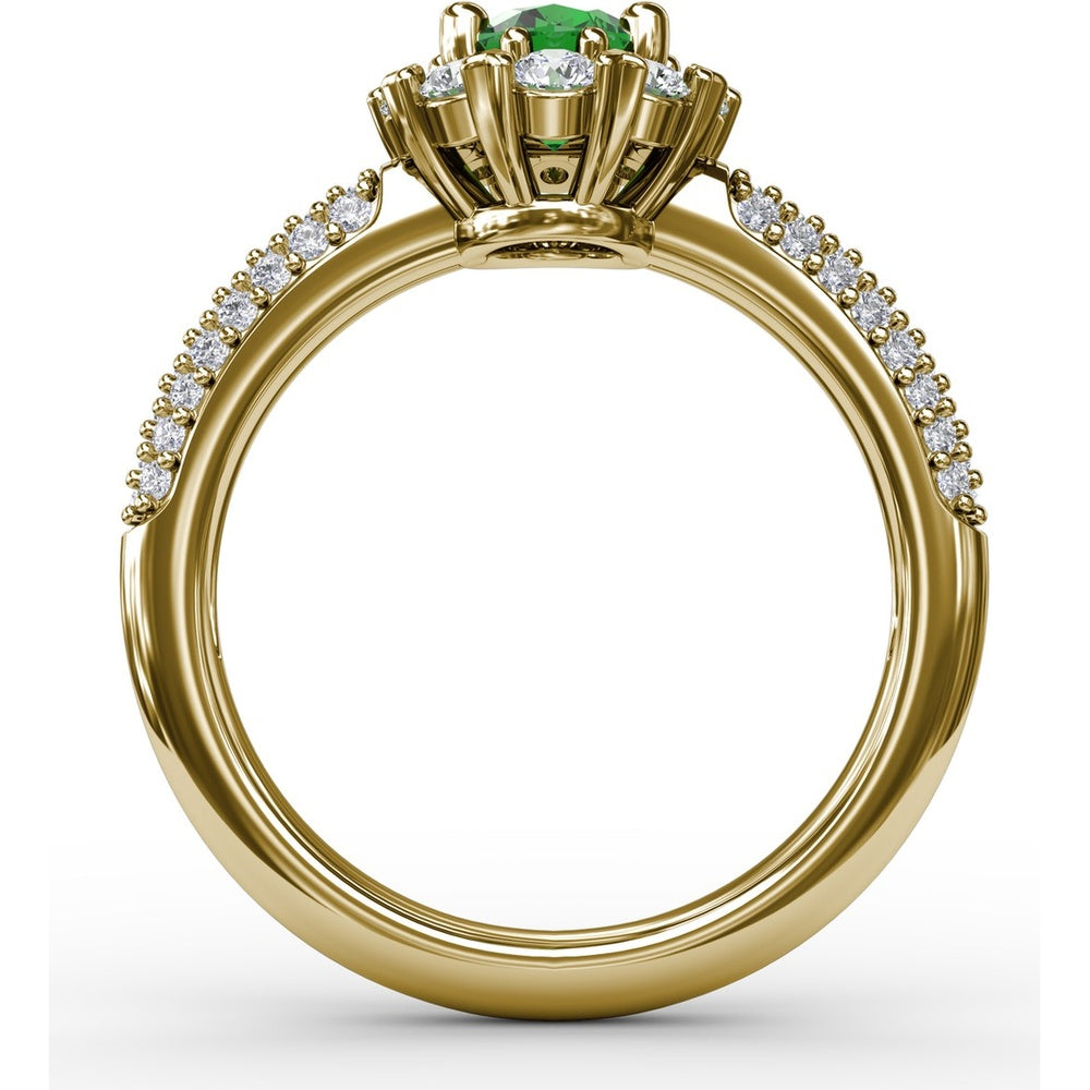 Blossoming Halo Ring with Heart Prongs and Oval Emerald by Fana - 1.59 Carat Total Gemstone Weight
