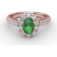 Blossoming Halo Ring with Heart Prongs and Oval Emerald by Fana - 1.59 Carat Total Gemstone Weight