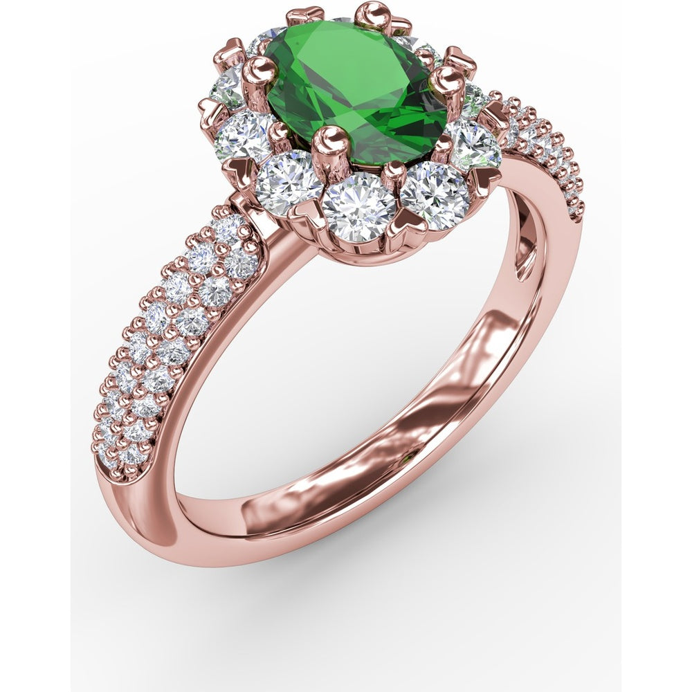 Blossoming Halo Ring with Heart Prongs and Oval Emerald by Fana - 1.59 Carat Total Gemstone Weight