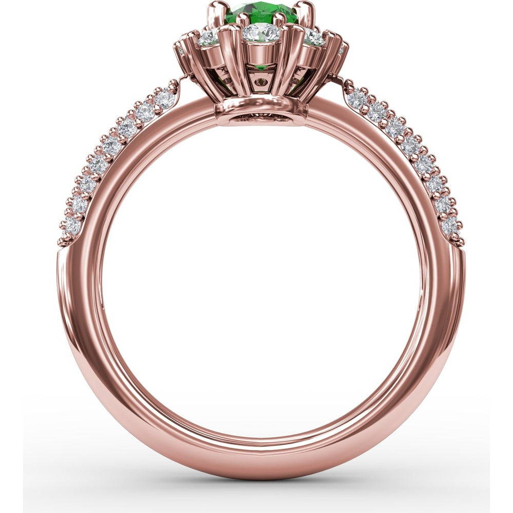 Blossoming Halo Ring with Heart Prongs and Oval Emerald by Fana - 1.59 Carat Total Gemstone Weight