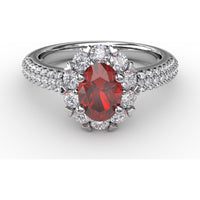 Blossoming Halo Ring with Oval Ruby and Micropavé Diamonds by Fana - 1.79 Carat Total Gemstone Weight