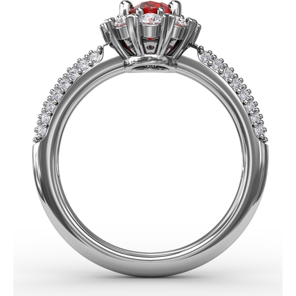 Blossoming Halo Ring with Oval Ruby and Micropavé Diamonds by Fana - 1.79 Carat Total Gemstone Weight