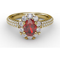 Blossoming Halo Ring with Oval Ruby and Micropavé Diamonds by Fana - 1.79 Carat Total Gemstone Weight