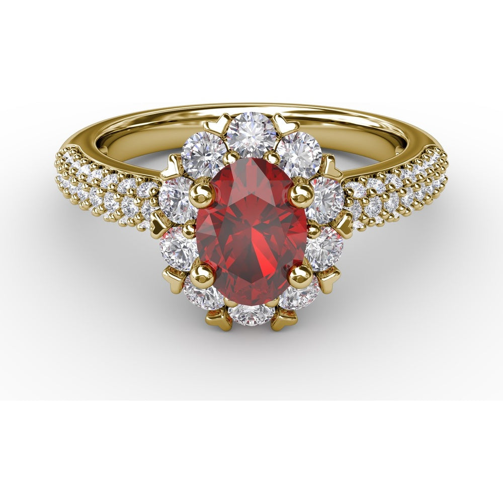 Blossoming Halo Ring with Oval Ruby and Micropavé Diamonds by Fana - 1.79 Carat Total Gemstone Weight