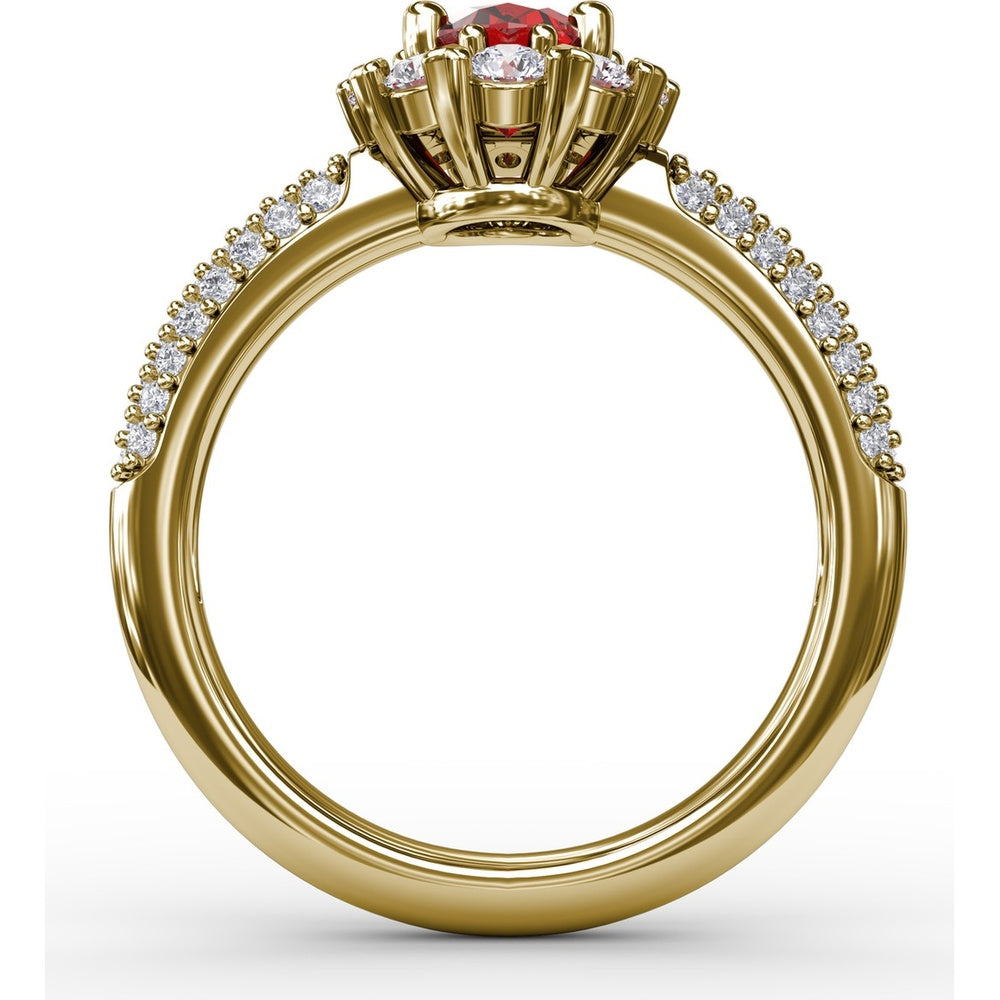 Blossoming Halo Ring with Oval Ruby and Micropavé Diamonds by Fana - 1.79 Carat Total Gemstone Weight