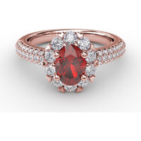 Blossoming Halo Ring with Oval Ruby and Micropavé Diamonds by Fana - 1.79 Carat Total Gemstone Weight