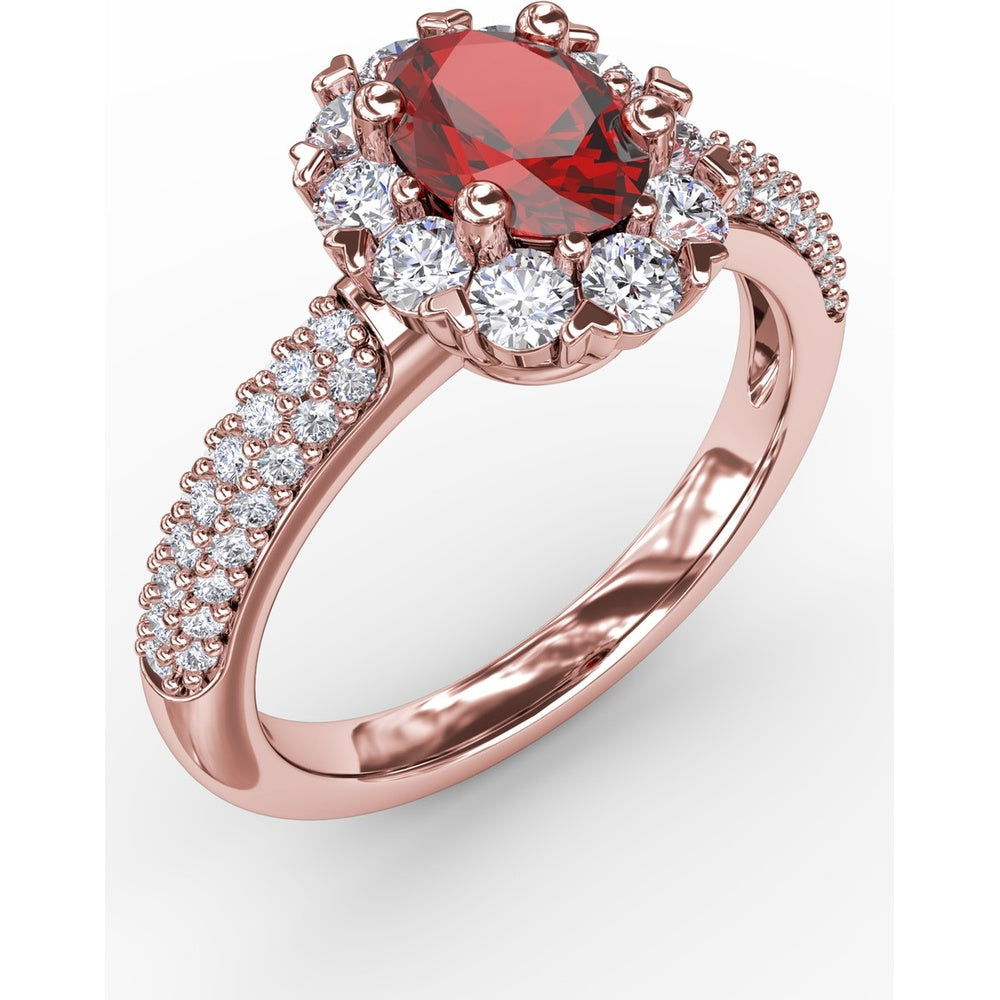 Blossoming Halo Ring with Oval Ruby and Micropavé Diamonds by Fana - 1.79 Carat Total Gemstone Weight