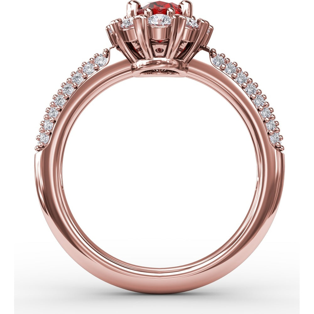 Blossoming Halo Ring with Oval Ruby and Micropavé Diamonds by Fana - 1.79 Carat Total Gemstone Weight