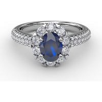 Blossoming Halo Ring with Oval Sapphire, Micropavé Diamonds and Heart Shaped Prongs by Fana - 1.92 Carat Total Gemstone Weight