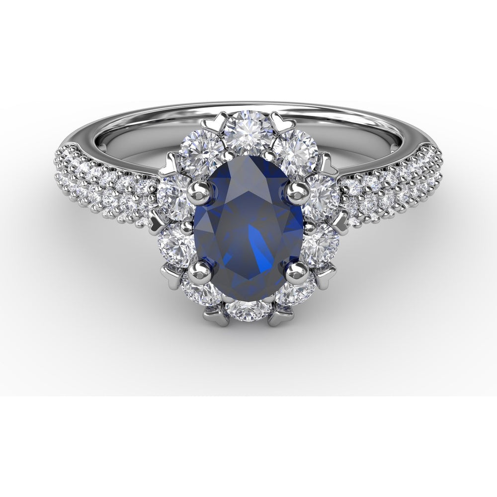 Blossoming Halo Ring with Oval Sapphire, Micropavé Diamonds and Heart Shaped Prongs by Fana - 1.92 Carat Total Gemstone Weight